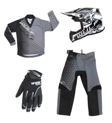 Kids MX Wulfsport 2025 CONNECT Motocross Shirt Pant Helmet Gloves Black Set #6