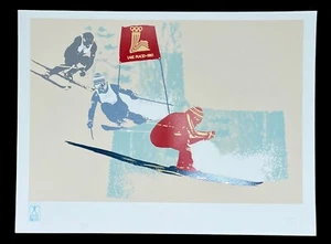 Original 1980 Winter Olympics Lake Placid Downhill Skier Print Lithograph Poster - Picture 1 of 10