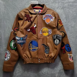 Jeff Hamilton NBA Teams Logo Patch Vegan Leather Jacket Brown Camel Men’s Sz XL - Picture 1 of 8