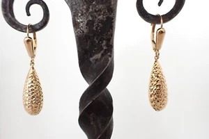 14K Yellow Gold Teardrop Dangle Drop Earrings Diamond Cut Leverback JCM - Picture 1 of 7