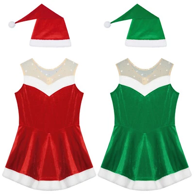 Kids Girls Christmas Costume 2Pcs Santa Claus Outfit Show Dance Dress Cosplay - Image 1 of 4