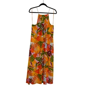 C&C California Orange Tropical Halter Midi Dress Size Large Pockets Linen Blend - Picture 1 of 11