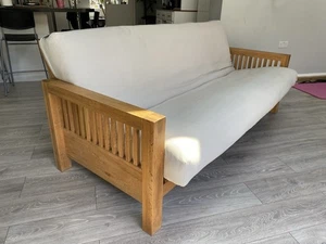 Futon Company Solid Oak Three-Seater Sofa Bed + Foot Stool Washable Cream Cover - Picture 1 of 10