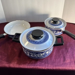Rare 5 piece Vintage Blue Willow Porcelain Enamel Pot & Pan Set Farmhouse Decor - Picture 1 of 24