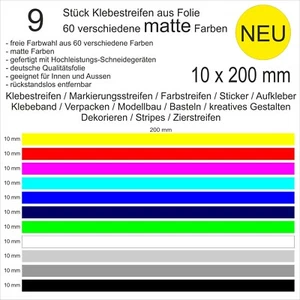 9 Stück Klebestreifen Folie matt 10x200mm Aufkleber Klebeband Basteln Verpacken - Bild 1 von 1