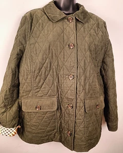 Talbots Women's XL Barn Coat Green Pinwale Corduroy Quilted Plaid Cuff Pockets - Picture 1 of 13