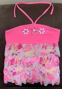JUSTICE HALTER TOP SIZE 12 SHIMMERING SPARKLES TIERED PEACE/HEARTS/FLOWERS CUTE! - Picture 1 of 4