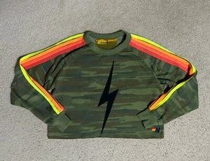 Aviator Nation Bolt Cropped Sweatshirt MEDIUM Striped CAMO, Womens neon GREEN - Picture 1 of 10