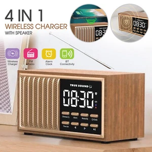 Vintage Look 4-in-1 Wireless Charger with Speaker, FM Radio & Alarm Clock - Picture 1 of 9