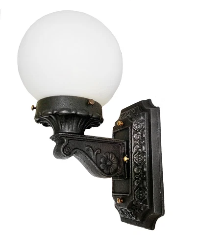 Antique Cast Iron Sconce Unusually Ornate Early 1900s Light Restored Satin Globe Cover