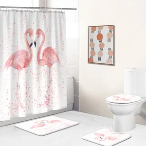 Flamingo Shower Curtain Bathroom Set Carpet Floor Mat Toilet Seat Lid Cover - Picture 1 of 20