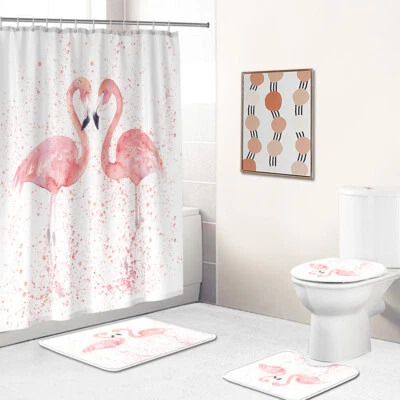 Flamingo Shower Curtain Bathroom Set Carpet Floor Mat Toilet Seat Lid Cover - Image 1 of 4