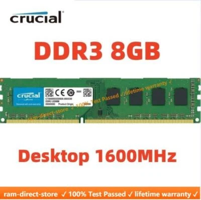 CRUCIAL DDR3 8GB 1600 MHz PC3-12800 Desktop Memory RAM Non ECC 240Pin DIMM 8GB - Image 1 of 4