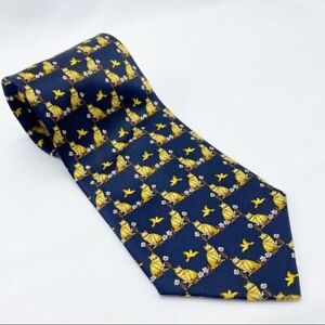 Vintage Navy Blue with Yellow Cat and Bird Print Silk Tie
