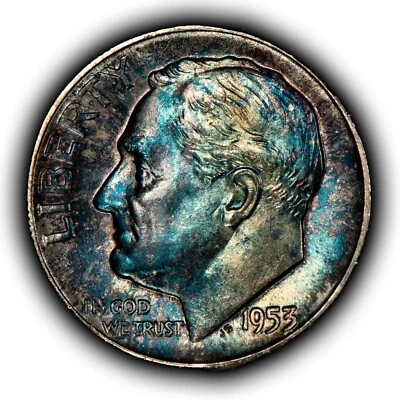 1953 年 10 克拉罗斯福银币 - PQ 蓝莓调色 - 未流通 - SKU-Z5658 — 第 1/4 张图片