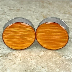 Orange Holographic Ribbon Double Flare Resin Plugs (MTO-073) gauges pair - Picture 1 of 3