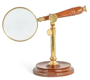 Hands Free Magnifier Magnifying Glass w/ Brass & Wood Stand 3x Reading Device - Picture 1 of 2