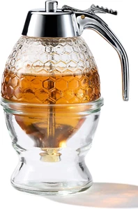 Glass Honey Dispenser Stainless Steel Shaft Chrome-Plated ABS Top No-Drip Design - Picture 1 of 1