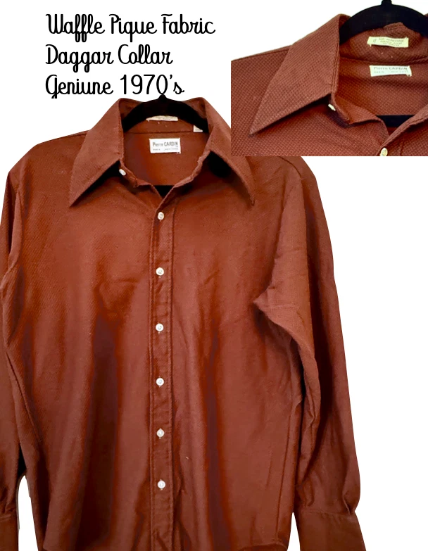 Vintage 70s Pierre Cardin Disco Waffle Pique Shirt w/ Daggar Collar Sz L 15-33 - Image 1 of 4