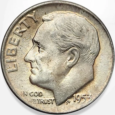 Moneda de diez centavos D Roosevelt 1953 90 % plata sin circular * Superficies originales * 1953D #8 ¡Belleza! Foto 1 de 2