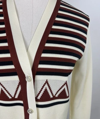 Vintage 70s Cardigan XS Western Cowgirl Southwestern Boho Polyester Knit Neutral - Image 1 of 4