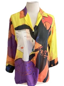 CHICO'S DESIGN SEDA ESTAMPADO DE CARA Y PÁJARO TOP BOTÓN MANGA 3/4 TALLA 0 ARTE PURO - Imagen 1 de 9