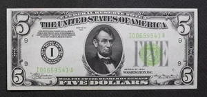 AU Series 1934 Yellow-Green Seal $5 Minneapolis Federal Reserve Note - Picture 1 of 3