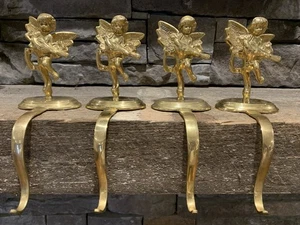 Set 4 Vintage Messing Strumpf Aufhänger Cherub Engel spielen Mandoline Made in India - Bild 1 von 9