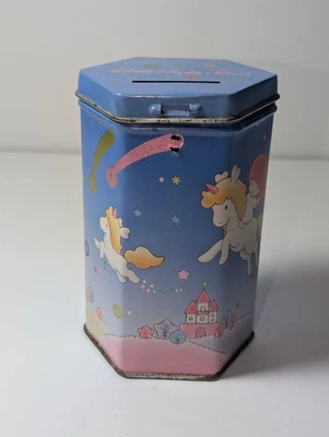 Banco de moedas vintage Sanrio Little Twin Stars hexágono metal lata Japão década de 1980 Leia - Imagem 1 de 4