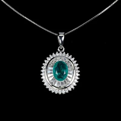 925 Sterling Silver Necklace Emerald Synthetic Oval 8x6mm Gemstone Jewelry 18 - Image 1 of 4