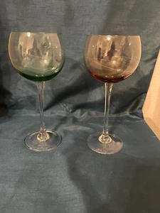 Vintage Lenox -  Balloon Tall Stemmed Etched Wine Glasses - Green & Purple - Picture 1 of 3
