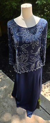 Vestido de Cóctel J Kara Azul Marino Manga 3/4 Cuentas Talla 10P Formal Evento Boda Foto 1 de 4