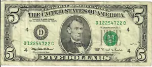 1995 5$ FRN - Small portrait w/ security thread - MEW/RER D12254722C - #15321 - Picture 1 of 2