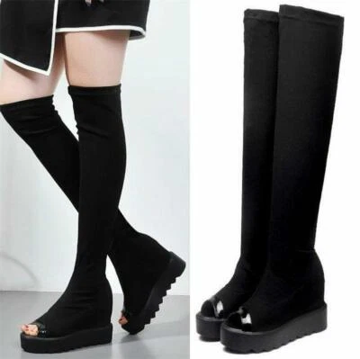 Женщин с открытым носком над колена ботинки на платформе на танкетке высоких каблуках Creeper туфли HOT - Изображение 1 из 4