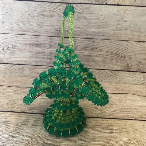 Vintage Mid Century Safety Pin Beaded Basket Tramp Art Green Lime Beads 12” Tall Cover