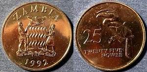 Zambia 1992 25 Ngwee Crowned Hornbill KM-29 Nickel plated steel BUNC #13 - Picture 1 of 1