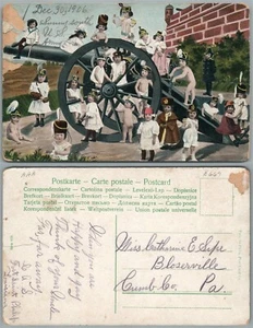 MULTIPLE BABIES MILITARY SCENE w/ CANNON ANTIQUE POSTCARD - Picture 1 of 1