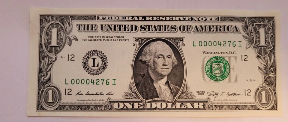 2009 USA $1 Dollar Washington L 00004276 I RGR/TFG Low Number Bank Note - Image 1 of 2