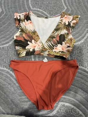 Manga aleteada cuello en V natación tropical parte inferior lisa pequeña Foto 1 de 4