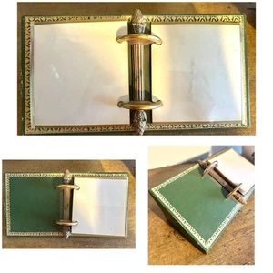 RARO Antiguo Álbum de Escritorio Italiano Cuero Dorado Repujado Imagen Abatible Latón VERDE Foto - Imagen 1 de 23