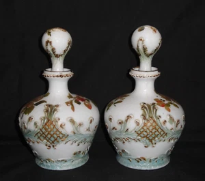 Pair Victorian Perfume Dresser Bottles ~ 2 Hand Painted Milk Glass w/Stoppers - Picture 1 of 11