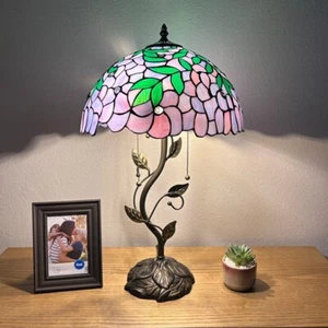Tiffany Style Table Lamp Purple Stained Glass Green Leaves LED Bulbs H24”W14" - Picture 1 of 9