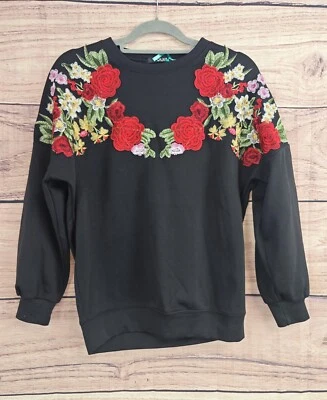 QUIZ Size Small Black Jersey Jumper Top Floral Embroidery - Image 1 of 4
