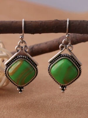 Pretty New Silver Plated Green Copper Turquoise CZ Hook Dangle Drop Earrings  - Image 1 of 3