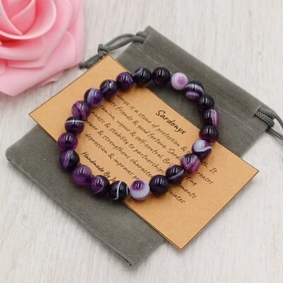 PURPLE SARDONYX Bracelet Stretch Handmade + Gift Bag & Card Crystal Gemstone 8mm - Image 1 of 4