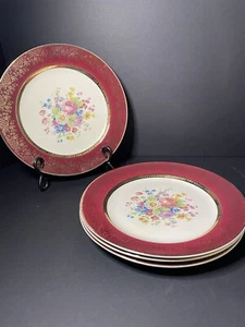 Vintage Salem China Aristrocrat Weinrot Blumen Mitte Essteller 10" 4er Set - Bild 1 von 5