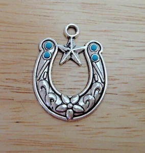 Silver 35x27mm 1.5" Pewter Horseshoe with Star 4 & Blue beads Pendant Charm - Picture 1 of 3