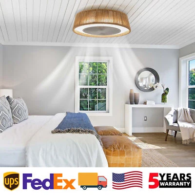 21 inch Ceiling Fan LED Light Rattan Caged Flush Mount w APP Remote Control Kit - Image 1 of 4