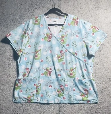 Blusa Médica Disney Muppets Kermit La Rana Vacaciones Navidad Bolsillos Top 2X Foto 1 de 4