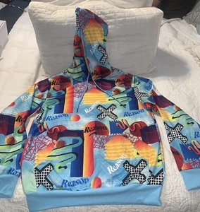 REASON HOODIE hellblau gelb rot orange Retro 90er Formen geometrisch HERREN M neu ohne Etikett - Bild 1 von 24
